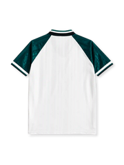 Liverpool 1993-95 away jersey, front view, white body with black diagonal chevron stripes, green tonal jacquard sleeves, V-neck collar, adidas Equipment wordmark, club crest, Carlsberg sponsor logo, striped cuffs