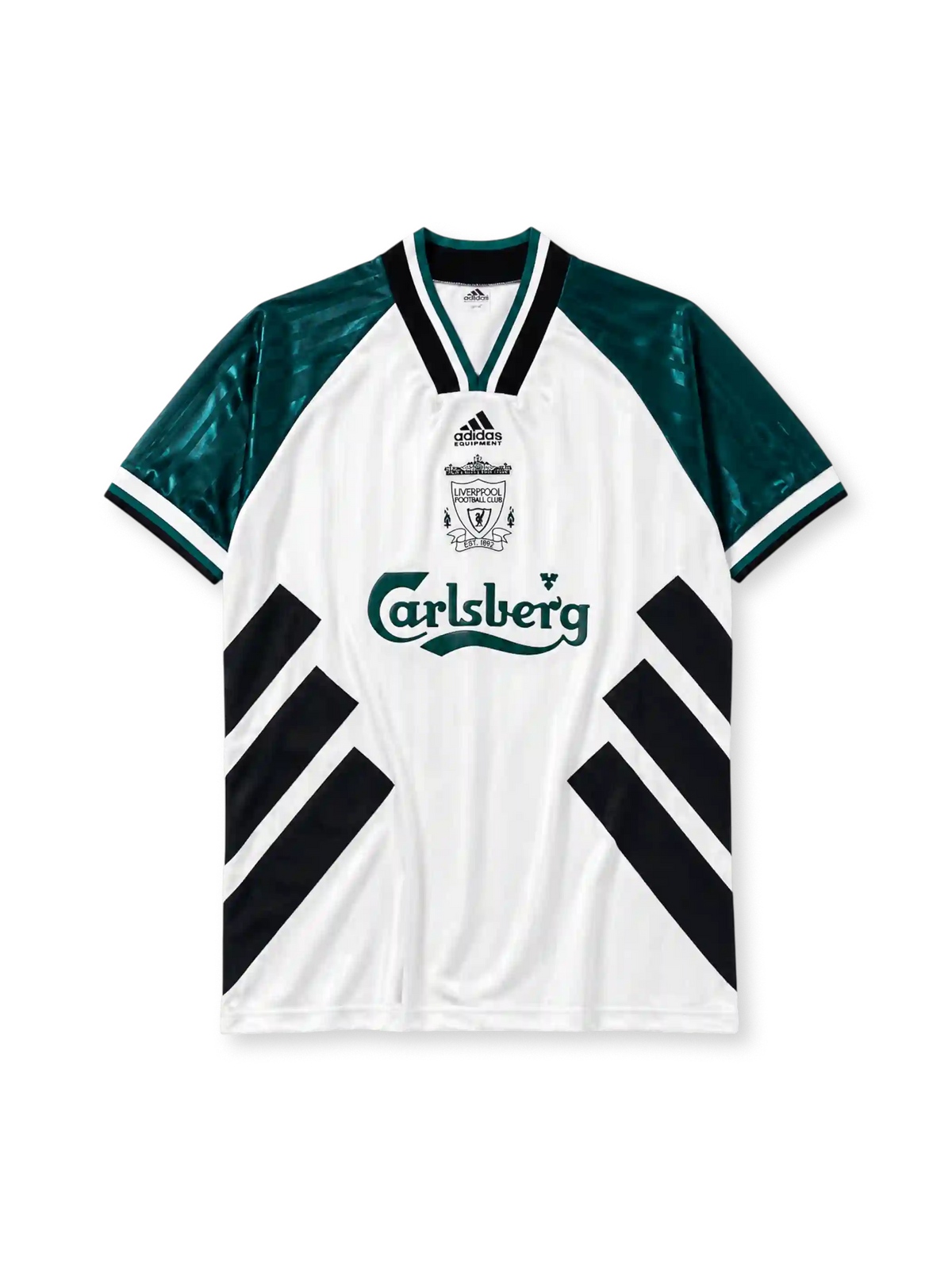 Liverpool 1993-95 away jersey, front view, white body with black diagonal chevron stripes, green tonal jacquard sleeves, V-neck collar, adidas Equipment wordmark, club crest, Carlsberg sponsor logo, striped cuffs
