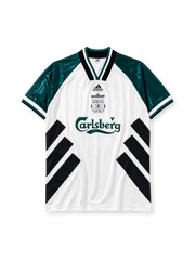 Liverpool 1993-95 away jersey, front view, white body with black diagonal chevron stripes, green tonal jacquard sleeves, V-neck collar, adidas Equipment wordmark, club crest, Carlsberg sponsor logo, striped cuffs