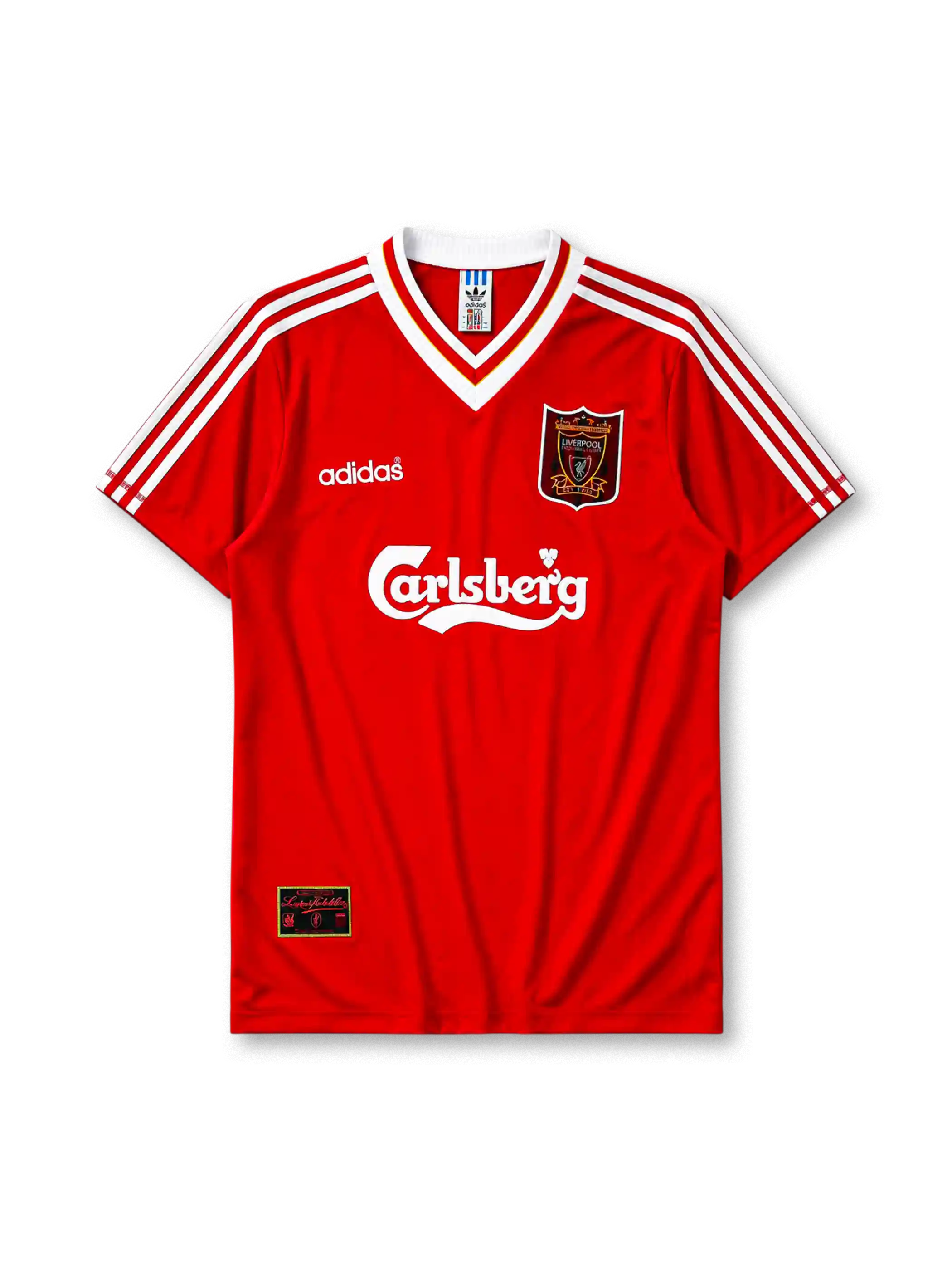 Liverpool 1995-96 home jersey, front view, red body, white adidas three-stripe shoulder detailing, white V-neck collar with red and gold trim, adidas logo, club crest, Carlsberg sponsor logo