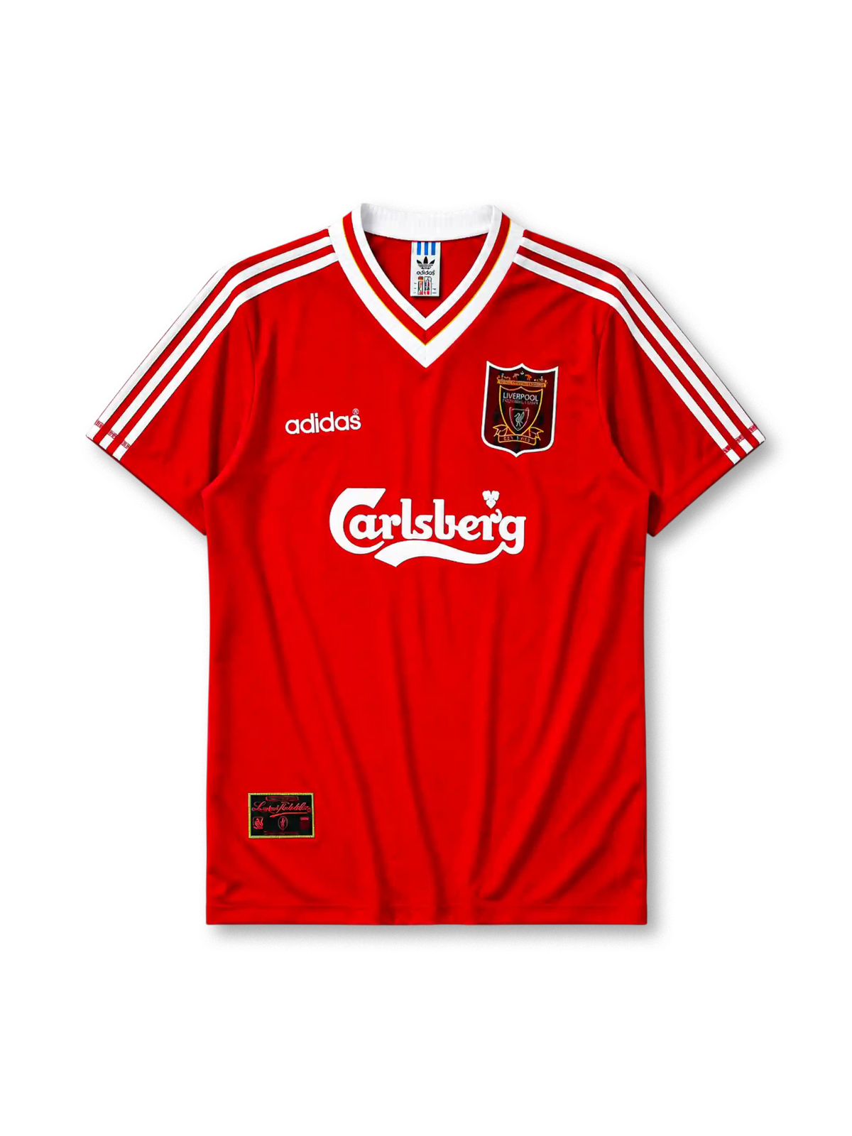 Liverpool 1995-96 home jersey, front view, red body, white adidas three-stripe shoulder detailing, white V-neck collar with red and gold trim, adidas logo, club crest, Carlsberg sponsor logo