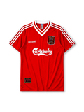 Liverpool 1995-96 home jersey, front view, red body, white adidas three-stripe shoulder detailing, white V-neck collar with red and gold trim, adidas logo, club crest, Carlsberg sponsor logo