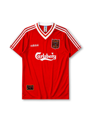 Liverpool 1995-96 home jersey, front view, red body, white adidas three-stripe shoulder detailing, white V-neck collar with red and gold trim, adidas logo, club crest, Carlsberg sponsor logo