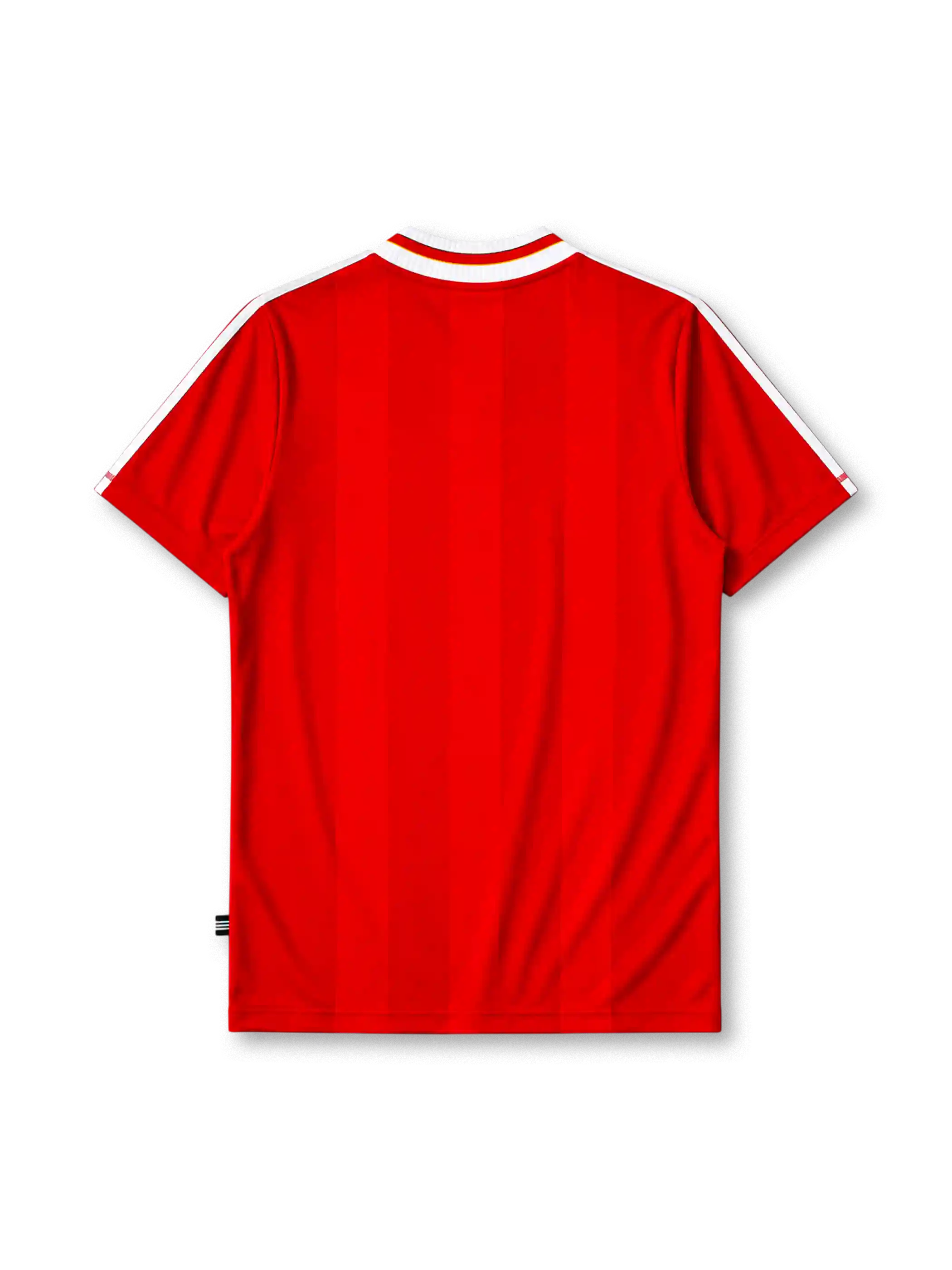 Liverpool 1995-96 home jersey, front view, red body, white adidas three-stripe shoulder detailing, white V-neck collar with red and gold trim, adidas logo, club crest, Carlsberg sponsor logo
