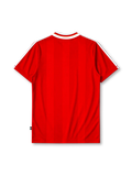 Liverpool 1995-96 home jersey, front view, red body, white adidas three-stripe shoulder detailing, white V-neck collar with red and gold trim, adidas logo, club crest, Carlsberg sponsor logo