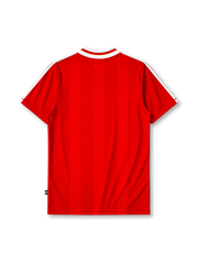 Liverpool 1995-96 home jersey, front view, red body, white adidas three-stripe shoulder detailing, white V-neck collar with red and gold trim, adidas logo, club crest, Carlsberg sponsor logo