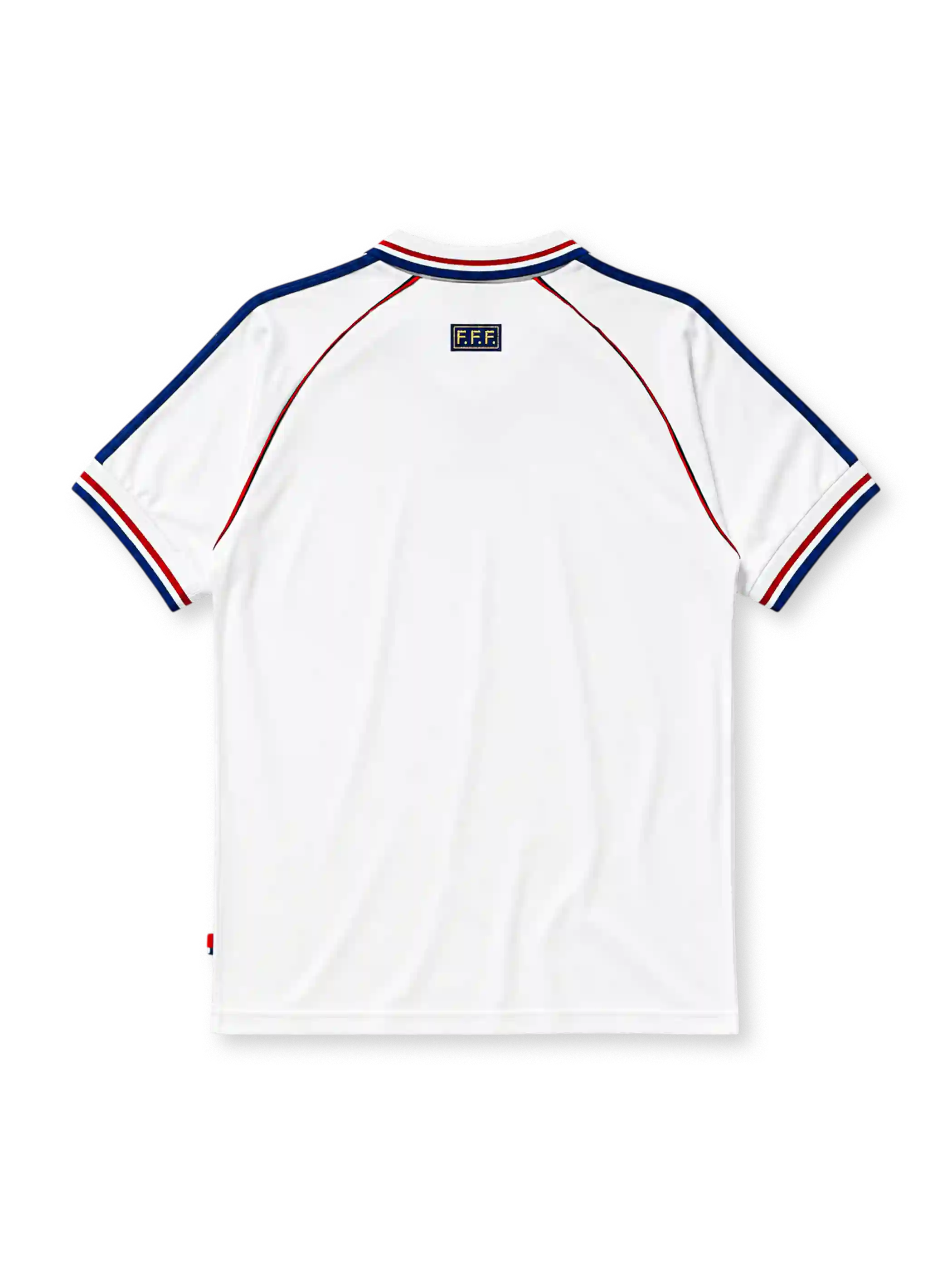 France 1998 World Cup final away jersey, front view, white body with blue and red horizontal stripes, striped raglan sleeves, point collar, FIFA World Cup France 98 text, adidas logo, rooster crest with Bresil France 12-07-98 text, striped cuffs