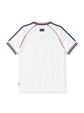 France 1998 World Cup final away jersey, front view, white body with blue and red horizontal stripes, striped raglan sleeves, point collar, FIFA World Cup France 98 text, adidas logo, rooster crest with Bresil France 12-07-98 text, striped cuffs
