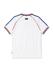 France 1998 World Cup final away jersey, front view, white body with blue and red horizontal stripes, striped raglan sleeves, point collar, FIFA World Cup France 98 text, adidas logo, rooster crest with Bresil France 12-07-98 text, striped cuffs