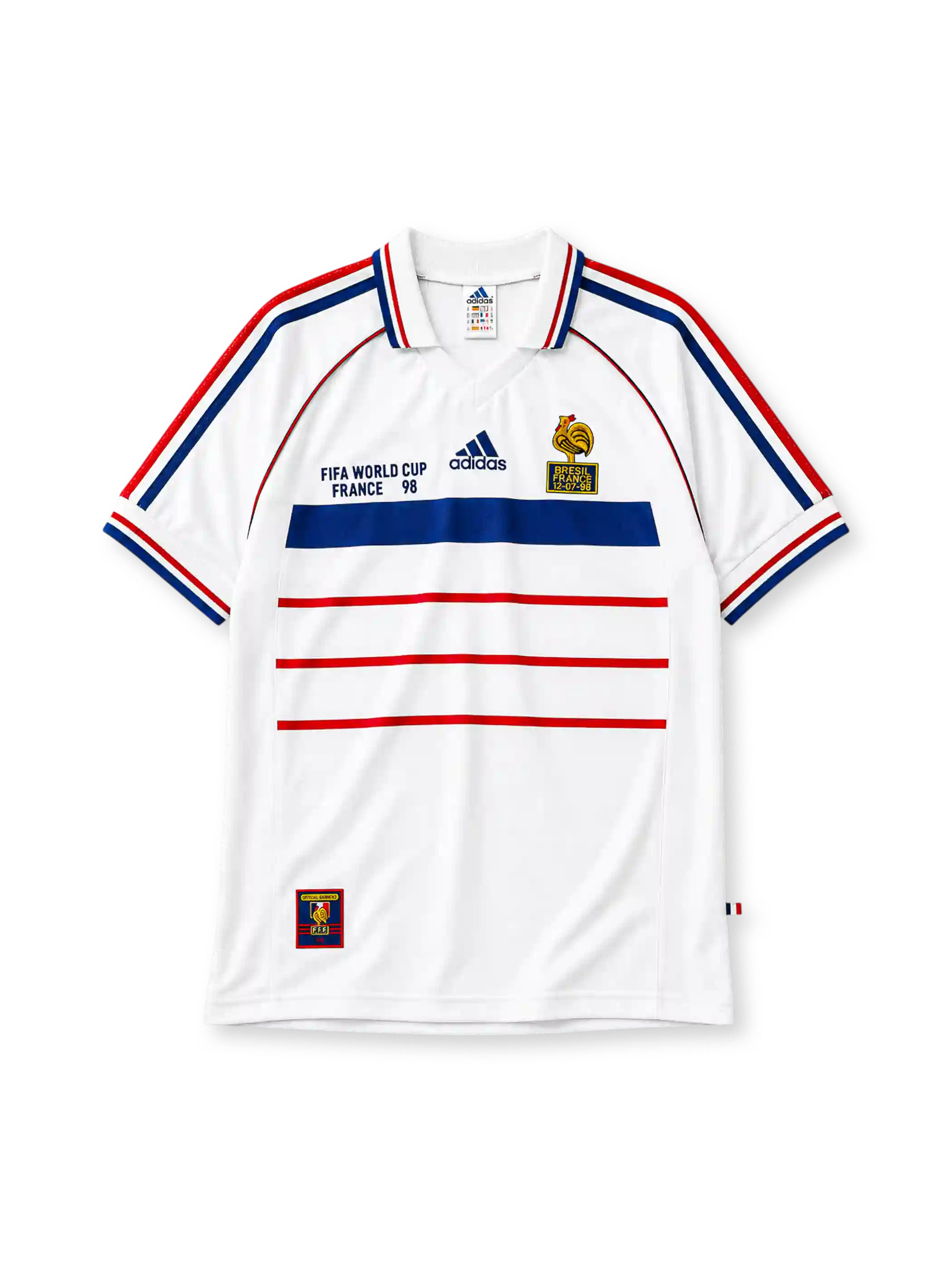 France 1998 World Cup final away jersey, front view, white body with blue and red horizontal stripes, striped raglan sleeves, point collar, FIFA World Cup France 98 text, adidas logo, rooster crest with Bresil France 12-07-98 text, striped cuffs