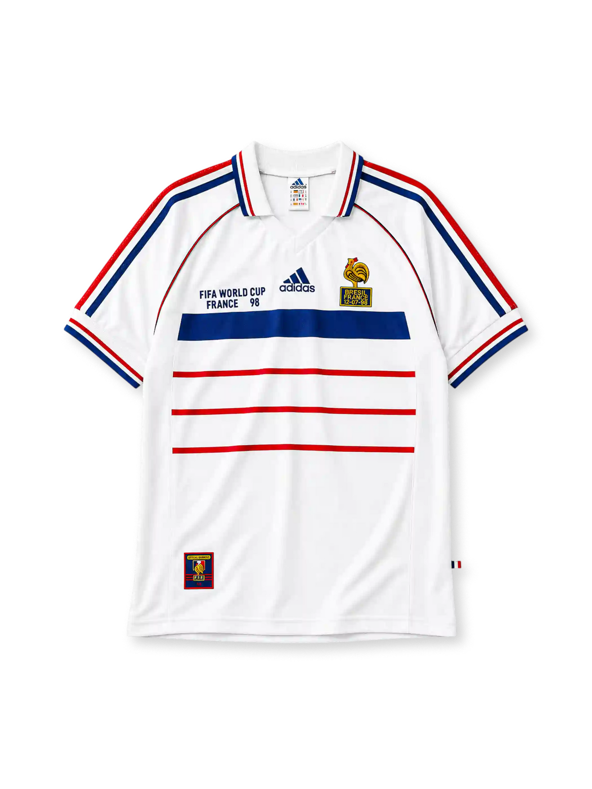 France 1998 World Cup final away jersey, front view, white body with blue and red horizontal stripes, striped raglan sleeves, point collar, FIFA World Cup France 98 text, adidas logo, rooster crest with Bresil France 12-07-98 text, striped cuffs