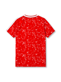 Liverpool 1989-91 home jersey, front view, red body with white splatter and triangle print, white V-neck collar, adidas three-stripe shoulder detailing, adidas trefoil logo, club crest, Candy sponsor logo