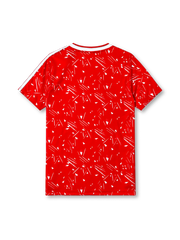 Liverpool 1989-91 home jersey, front view, red body with white splatter and triangle print, white V-neck collar, adidas three-stripe shoulder detailing, adidas trefoil logo, club crest, Candy sponsor logo