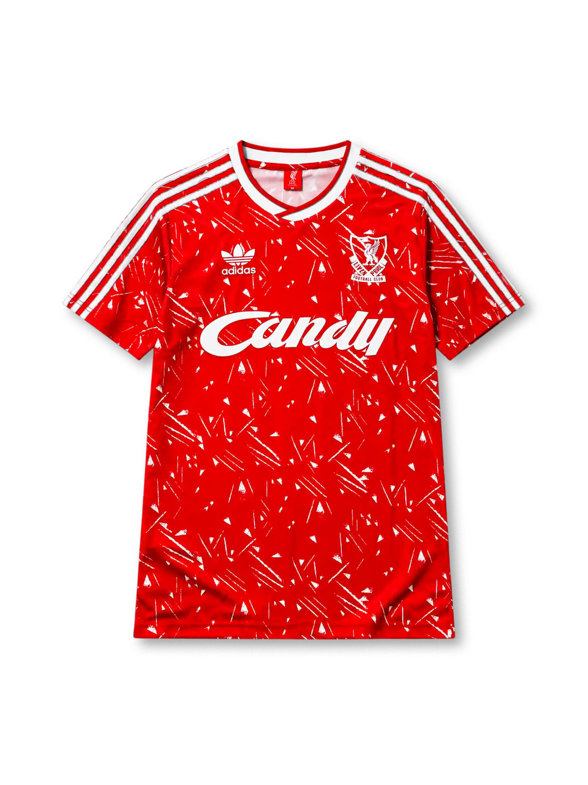 Liverpool 1989-91 home jersey, front view, red body with white splatter and triangle print, white V-neck collar, adidas three-stripe shoulder detailing, adidas trefoil logo, club crest, Candy sponsor logo
