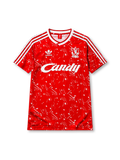 Liverpool 1989-91 home jersey, front view, red body with white splatter and triangle print, white V-neck collar, adidas three-stripe shoulder detailing, adidas trefoil logo, club crest, Candy sponsor logo