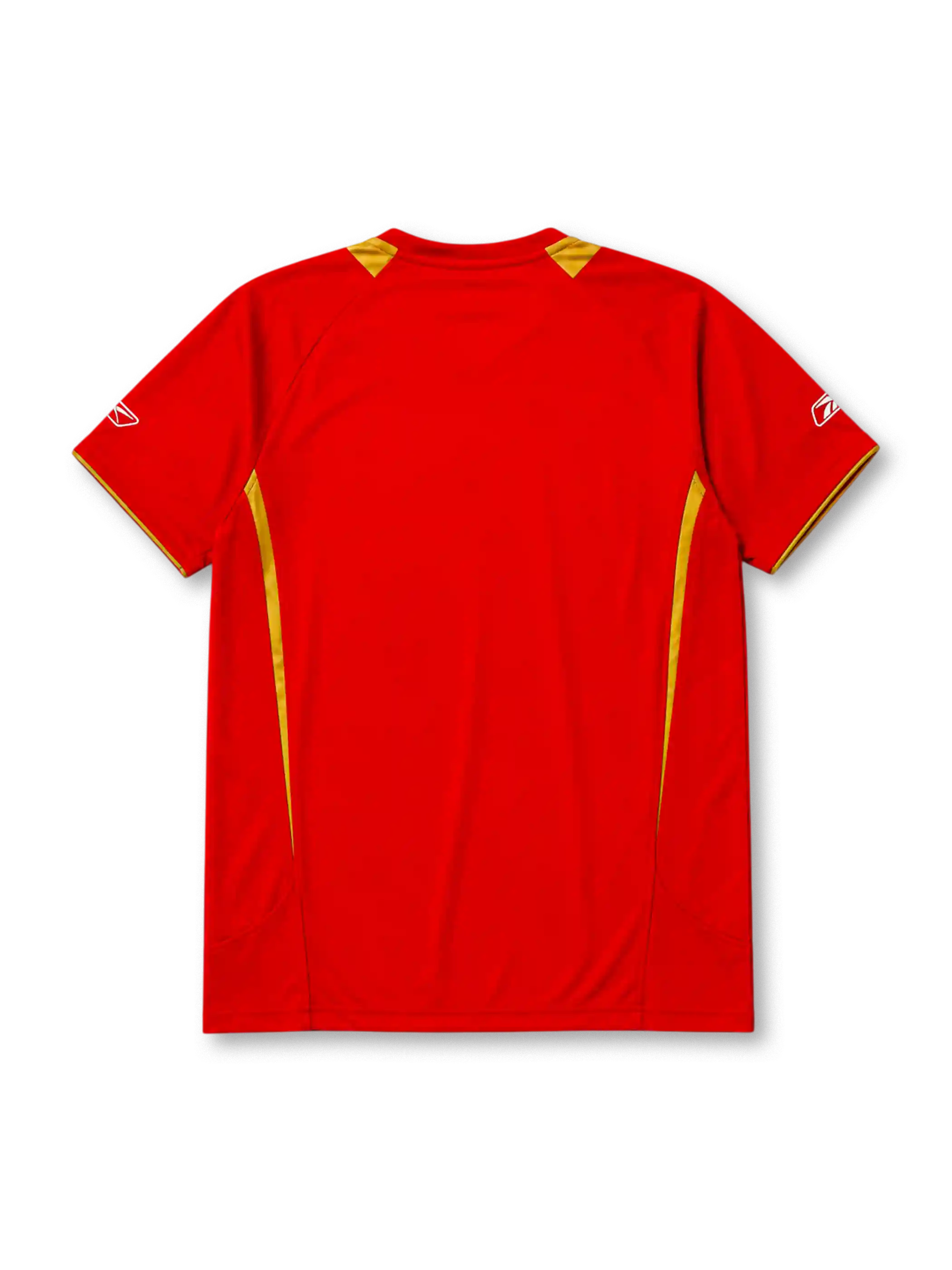 Liverpool 2005-06 home jersey, front view, red body with gold shoulder panels and collar trim, V-neck collar, white Reebok logo, Liverpool crest with five stars, Carlsberg sponsor logo, small winner's patch near bottom hem