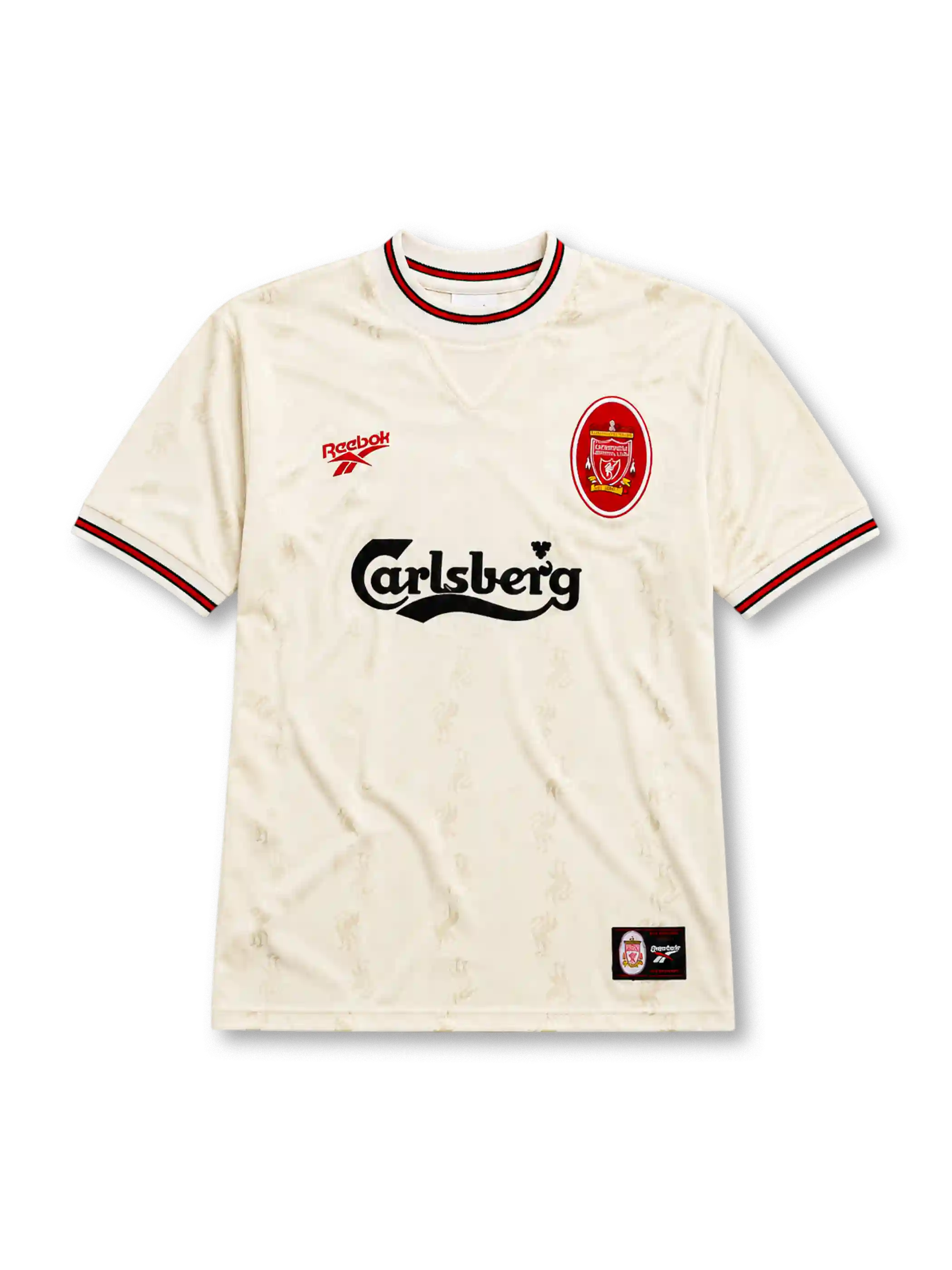 Liverpool 1996-97 away jersey, front view, ecru body with subtle jacquard pattern, red and black striped collar and cuffs, red Reebok logo, oval red and white Liverpool crest, black Carlsberg sponsor logo, woven tag near bottom hem