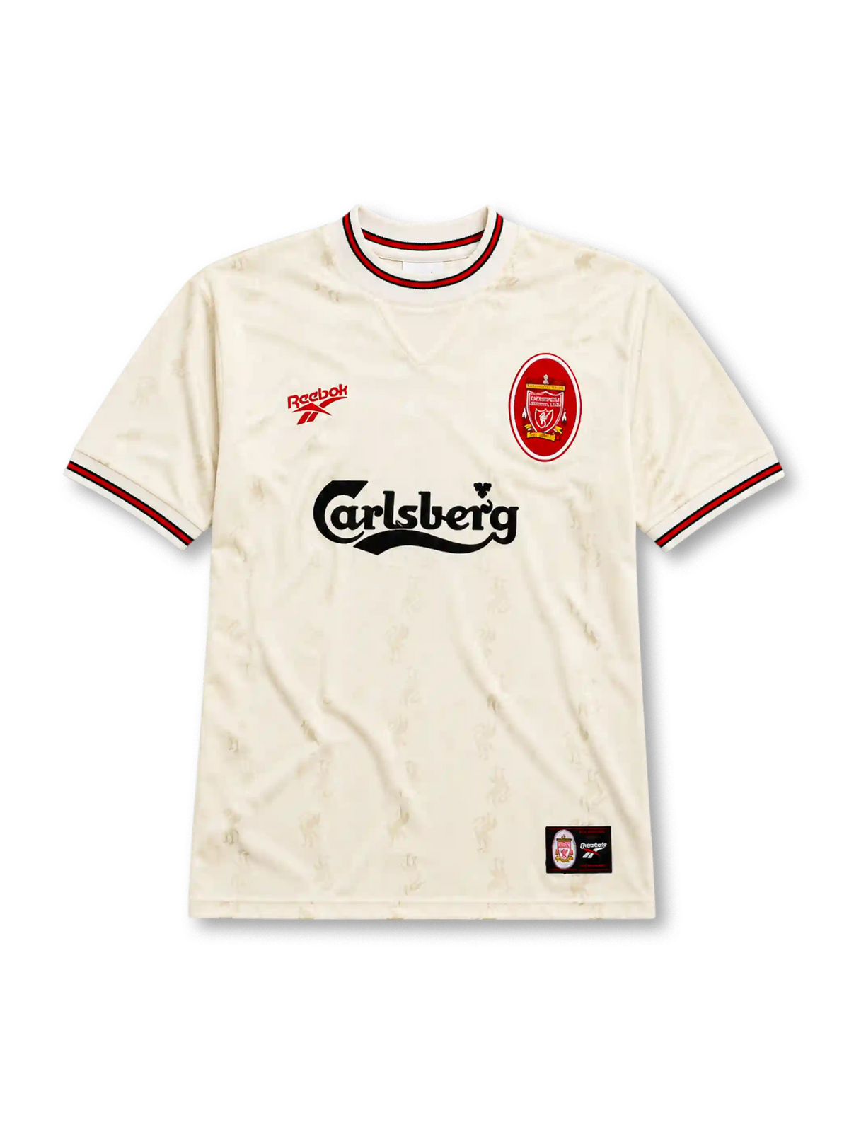 Liverpool 1996-97 away jersey, front view, ecru body with subtle jacquard pattern, red and black striped collar and cuffs, red Reebok logo, oval red and white Liverpool crest, black Carlsberg sponsor logo, woven tag near bottom hem