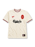 Liverpool 1996-97 away jersey, front view, ecru body with subtle jacquard pattern, red and black striped collar and cuffs, red Reebok logo, oval red and white Liverpool crest, black Carlsberg sponsor logo, woven tag near bottom hem