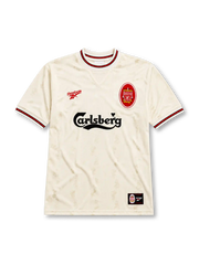 Liverpool 1996-97 away jersey, front view, ecru body with subtle jacquard pattern, red and black striped collar and cuffs, red Reebok logo, oval red and white Liverpool crest, black Carlsberg sponsor logo, woven tag near bottom hem