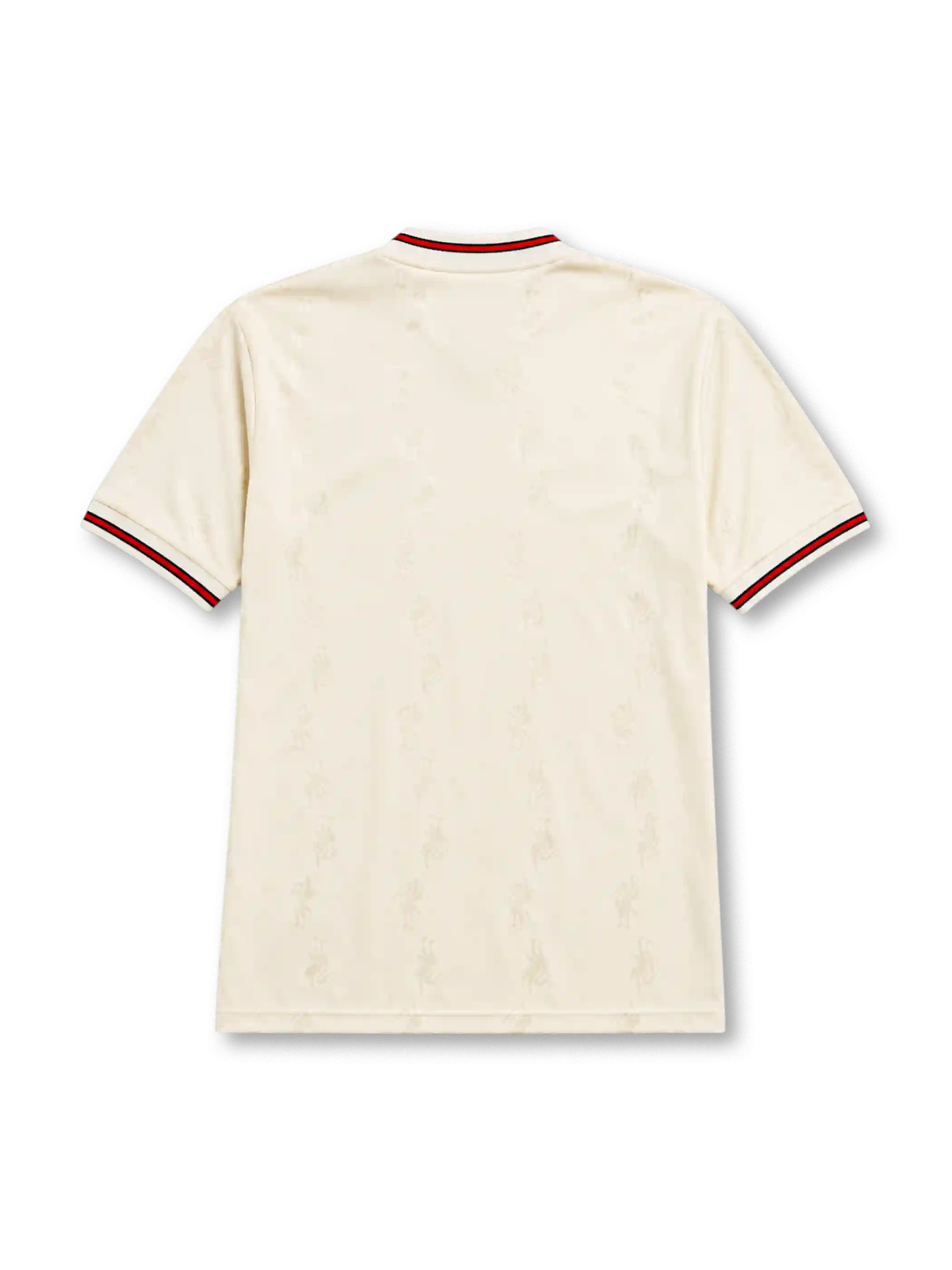 Liverpool 1996-97 away jersey, front view, ecru body with subtle jacquard pattern, red and black striped collar and cuffs, red Reebok logo, oval red and white Liverpool crest, black Carlsberg sponsor logo, woven tag near bottom hem