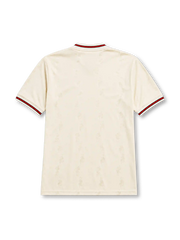 Liverpool 1996-97 away jersey, front view, ecru body with subtle jacquard pattern, red and black striped collar and cuffs, red Reebok logo, oval red and white Liverpool crest, black Carlsberg sponsor logo, woven tag near bottom hem