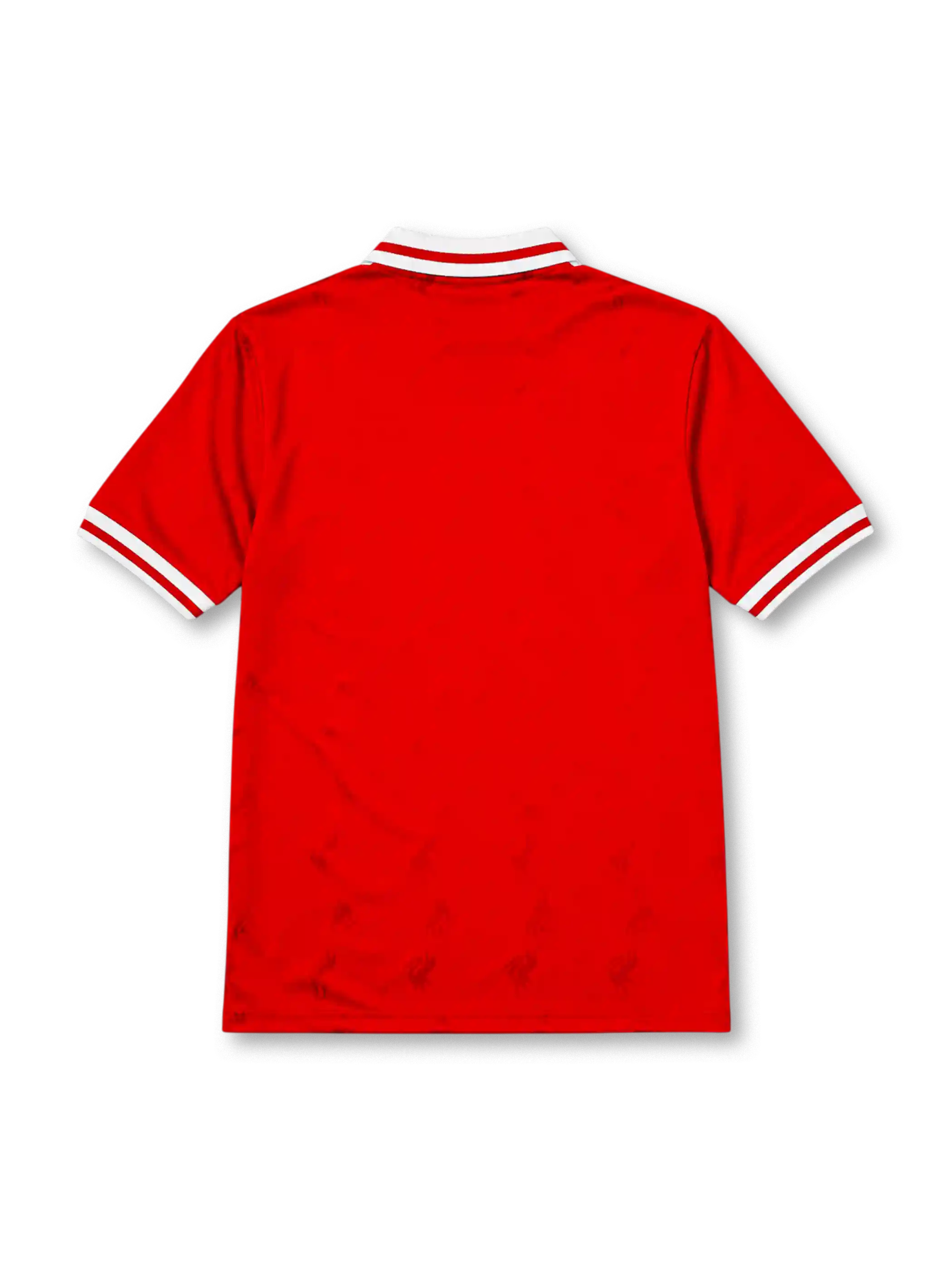 Liverpool 1996-97 home jersey, front view, red body, white polo-style collar with red and white stripe trim, white ribbed cuffs, white Reebok logo, oval red and white Liverpool crest, white Carlsberg sponsor logo, woven tag near bottom hem