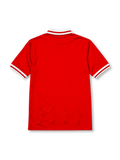 Liverpool 1996-97 home jersey, front view, red body, white polo-style collar with red and white stripe trim, white ribbed cuffs, white Reebok logo, oval red and white Liverpool crest, white Carlsberg sponsor logo, woven tag near bottom hem