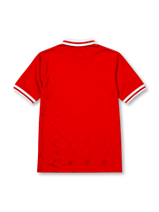 Liverpool 1996-97 home jersey, front view, red body, white polo-style collar with red and white stripe trim, white ribbed cuffs, white Reebok logo, oval red and white Liverpool crest, white Carlsberg sponsor logo, woven tag near bottom hem