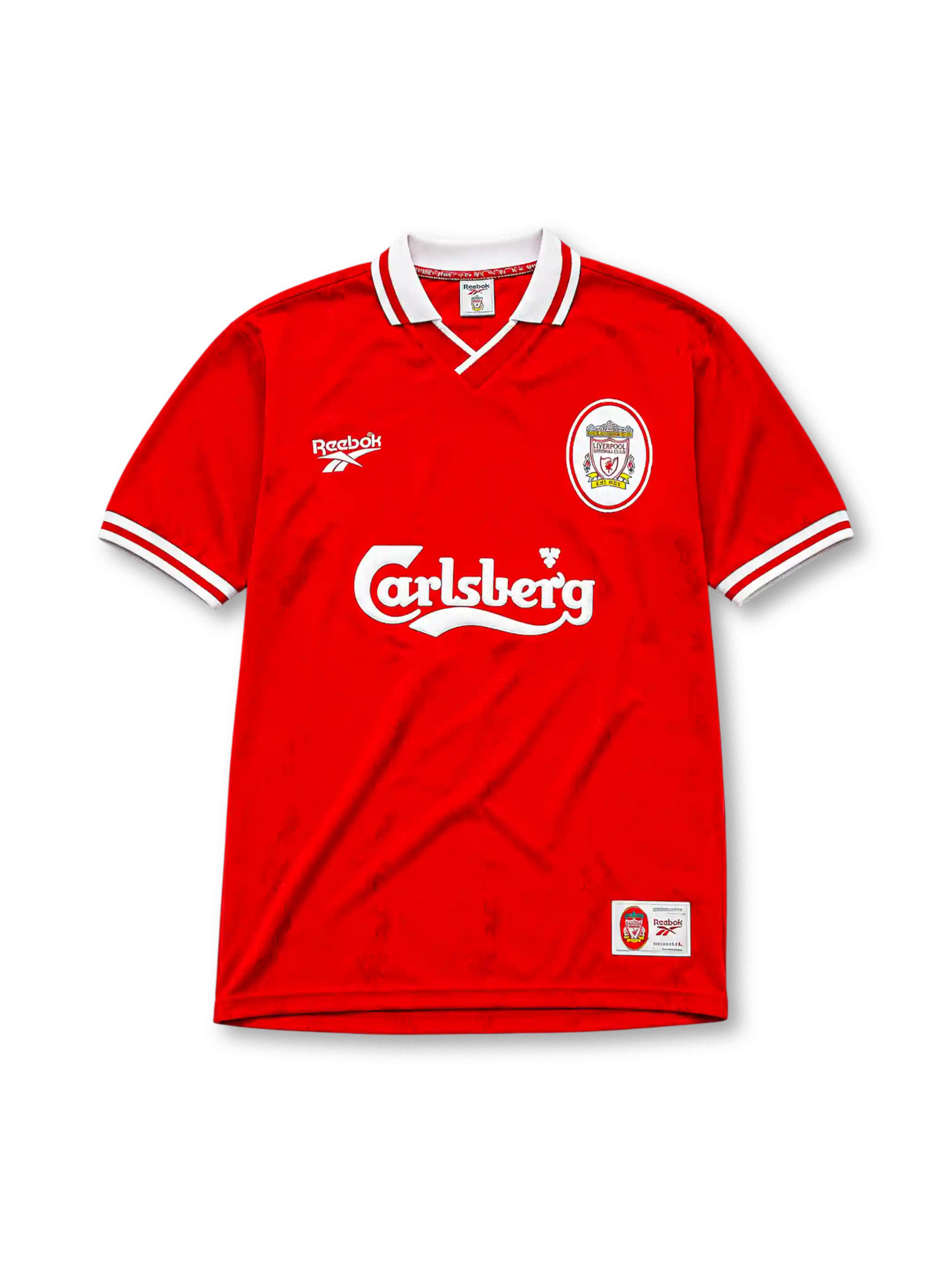 Liverpool 1996-97 home jersey, front view, red body, white polo-style collar with red and white stripe trim, white ribbed cuffs, white Reebok logo, oval red and white Liverpool crest, white Carlsberg sponsor logo, woven tag near bottom hem