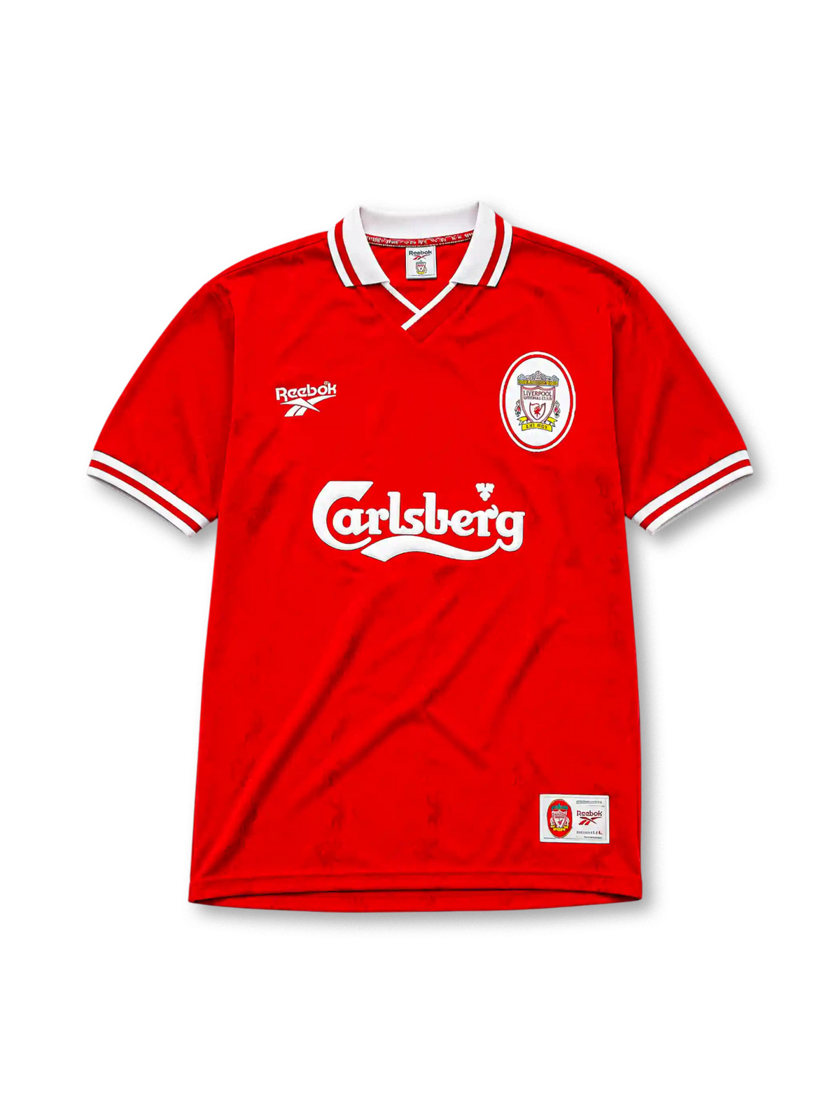 Liverpool 1996-97 home jersey, front view, red body, white polo-style collar with red and white stripe trim, white ribbed cuffs, white Reebok logo, oval red and white Liverpool crest, white Carlsberg sponsor logo, woven tag near bottom hem