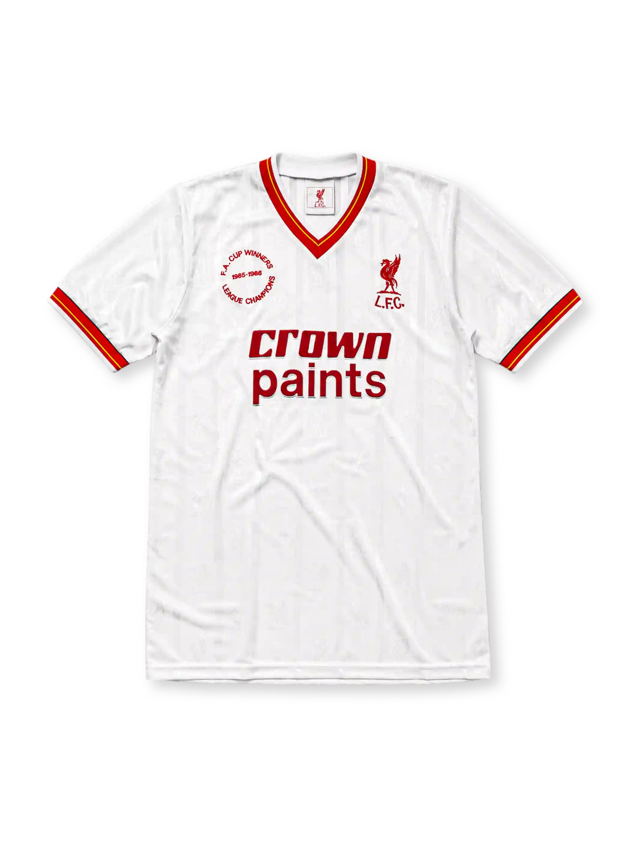 Liverpool 1985-86 away jersey, front view, white body with tonal pinstripe pattern, red V-neck collar with red and yellow stripe trim, striped cuffs, L.F.C. liver bird crest, red Crown Paints sponsor logo, circular 1985-1986 double winners badge on left chest