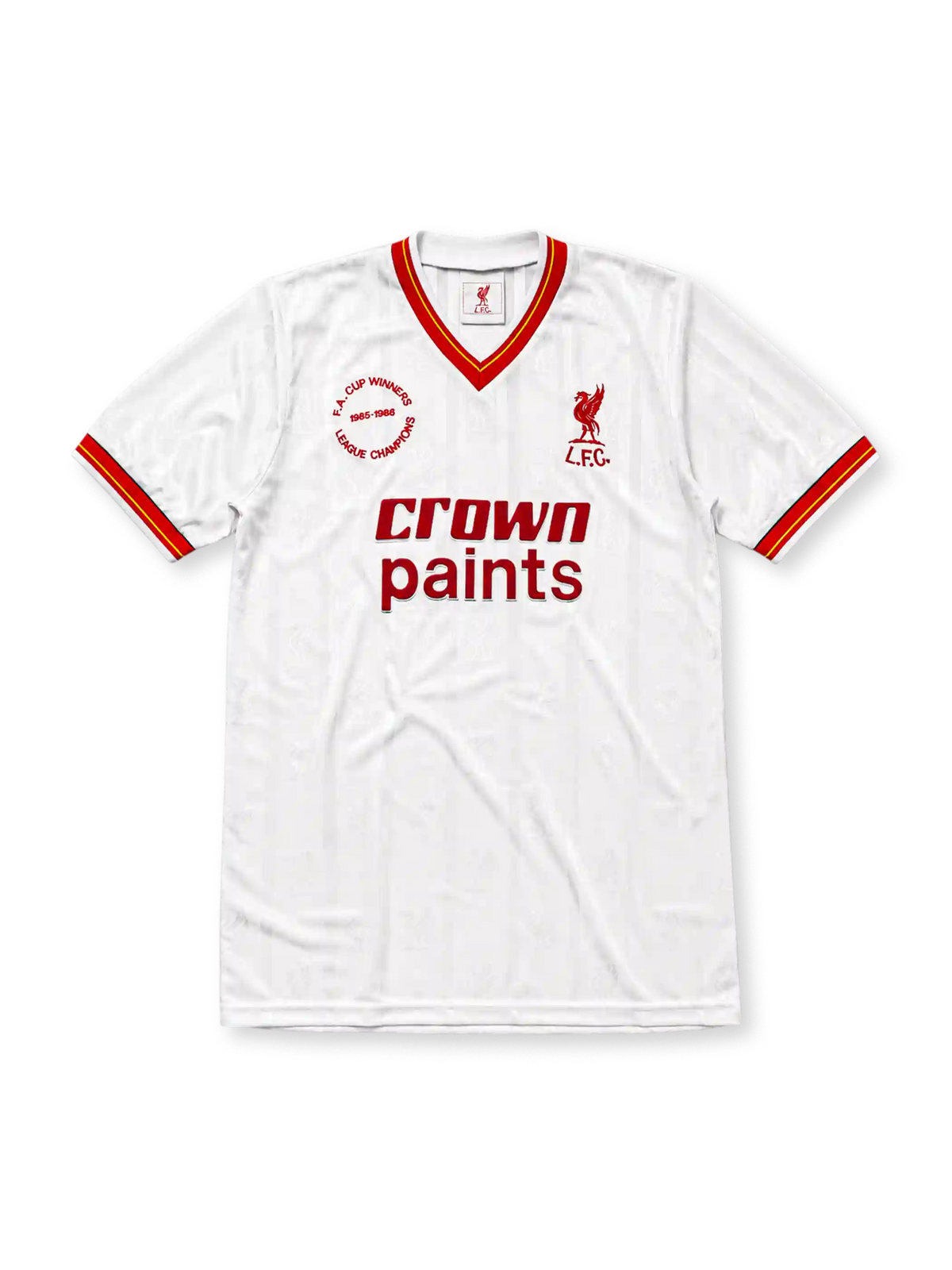 Liverpool 1985-86 away jersey, front view, white body with tonal pinstripe pattern, red V-neck collar with red and yellow stripe trim, striped cuffs, L.F.C. liver bird crest, red Crown Paints sponsor logo, circular 1985-1986 double winners badge on left chest