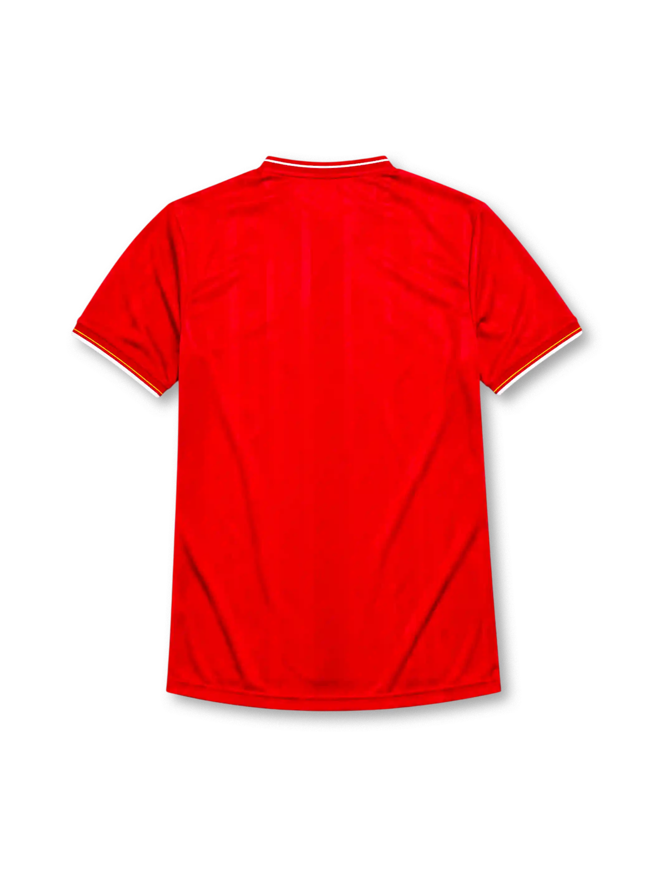 Liverpool 1985-86 home jersey, front view, red body, white V-neck collar with red and yellow stripe trim, white cuffs with yellow stripe, white L.F.C. liver bird crest, white Crown Paints sponsor logo, circular 1985-1986 double winners badge on left chest