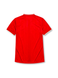 Liverpool 1985-86 home jersey, front view, red body, white V-neck collar with red and yellow stripe trim, white cuffs with yellow stripe, white L.F.C. liver bird crest, white Crown Paints sponsor logo, circular 1985-1986 double winners badge on left chest