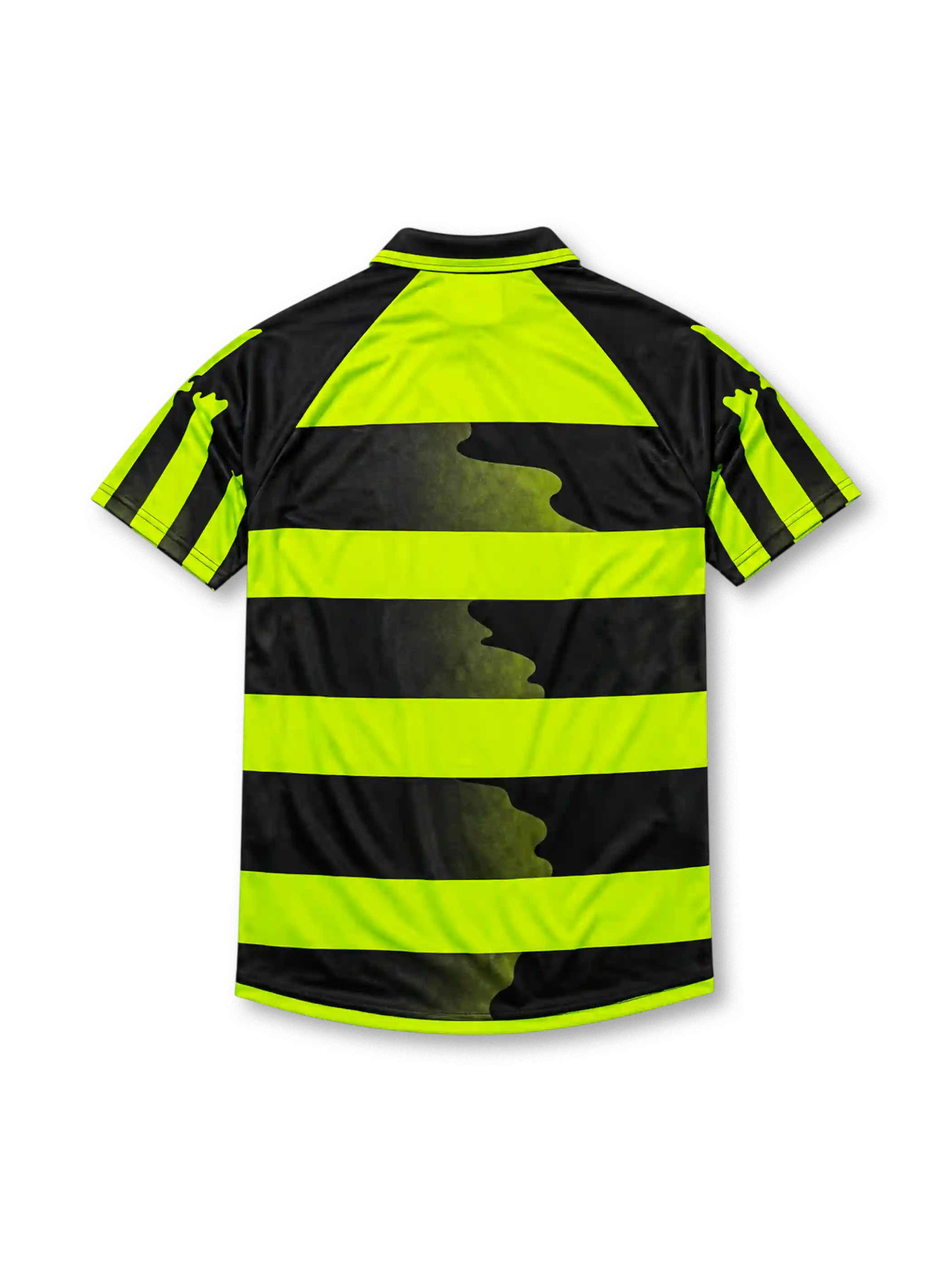 Celtic 1996-97 away jersey, front view, neon-yellow and black hooped design, black polo-style collar, diagonal striped raglan sleeves, white Umbro logo, Celtic shield crest with shamrock, white CR Smith sponsor logo, Celtic F.C. text near hem