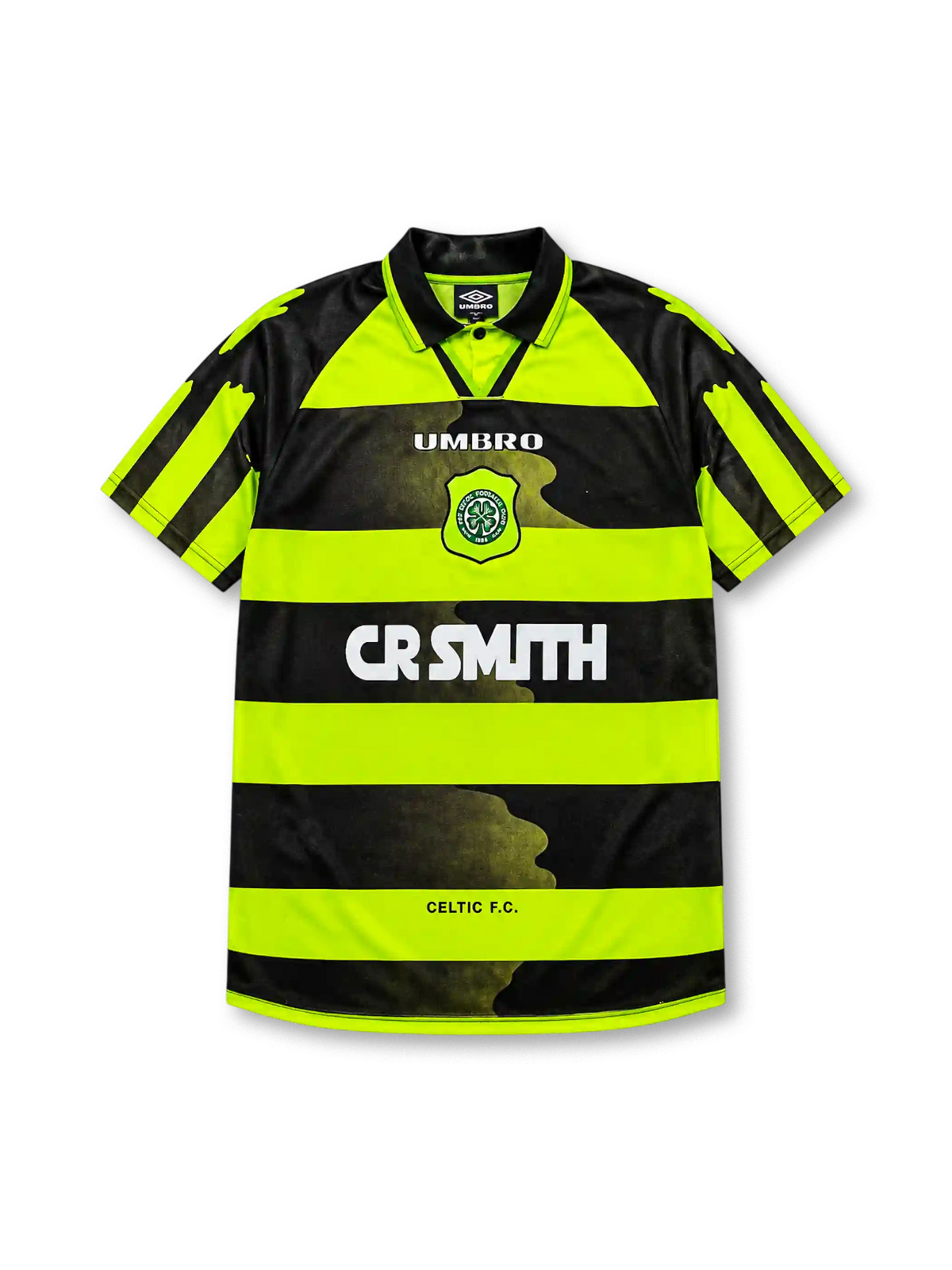 Celtic 1996-97 away jersey, front view, neon-yellow and black hooped design, black polo-style collar, diagonal striped raglan sleeves, white Umbro logo, Celtic shield crest with shamrock, white CR Smith sponsor logo, Celtic F.C. text near hem