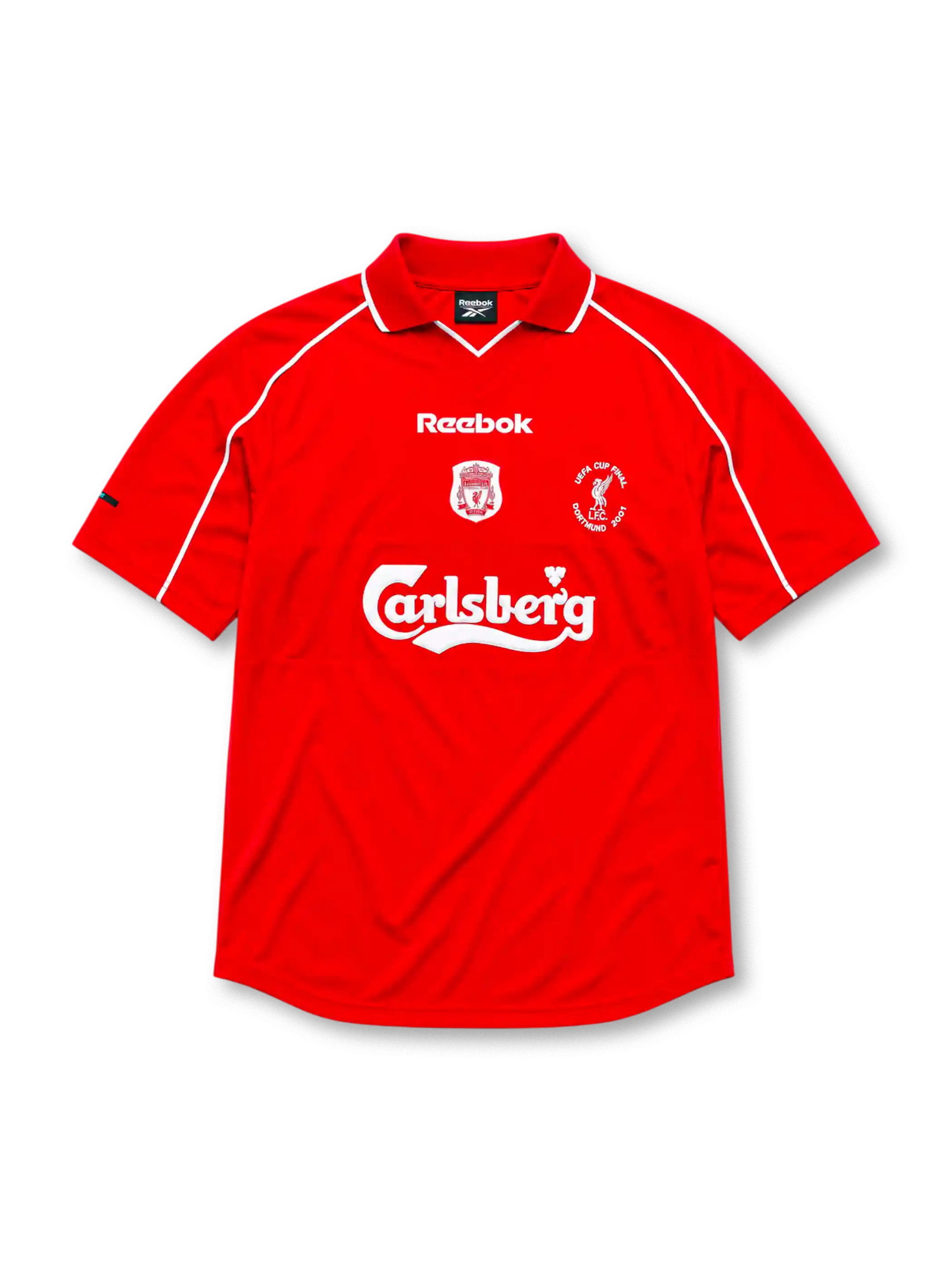 Liverpool 2000-01 home jersey, front view, red body with white piping on raglan sleeves, white polo-style collar, white Reebok logo, Liverpool club crest, circular UEFA Cup Final Dortmund 2001 patch, white Carlsberg sponsor logo