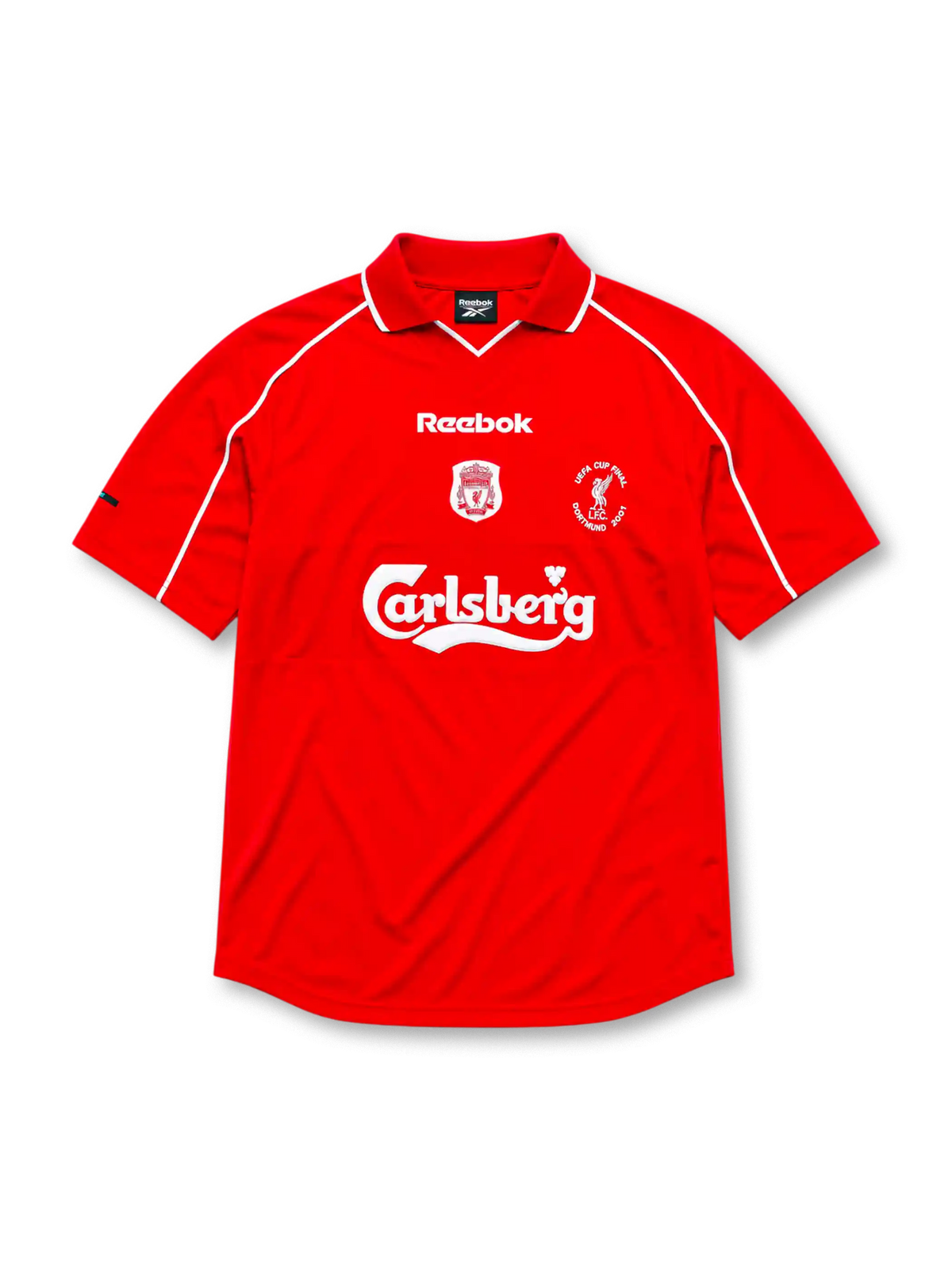Liverpool 2000-01 home jersey, front view, red body with white piping on raglan sleeves, white polo-style collar, white Reebok logo, Liverpool club crest, circular UEFA Cup Final Dortmund 2001 patch, white Carlsberg sponsor logo