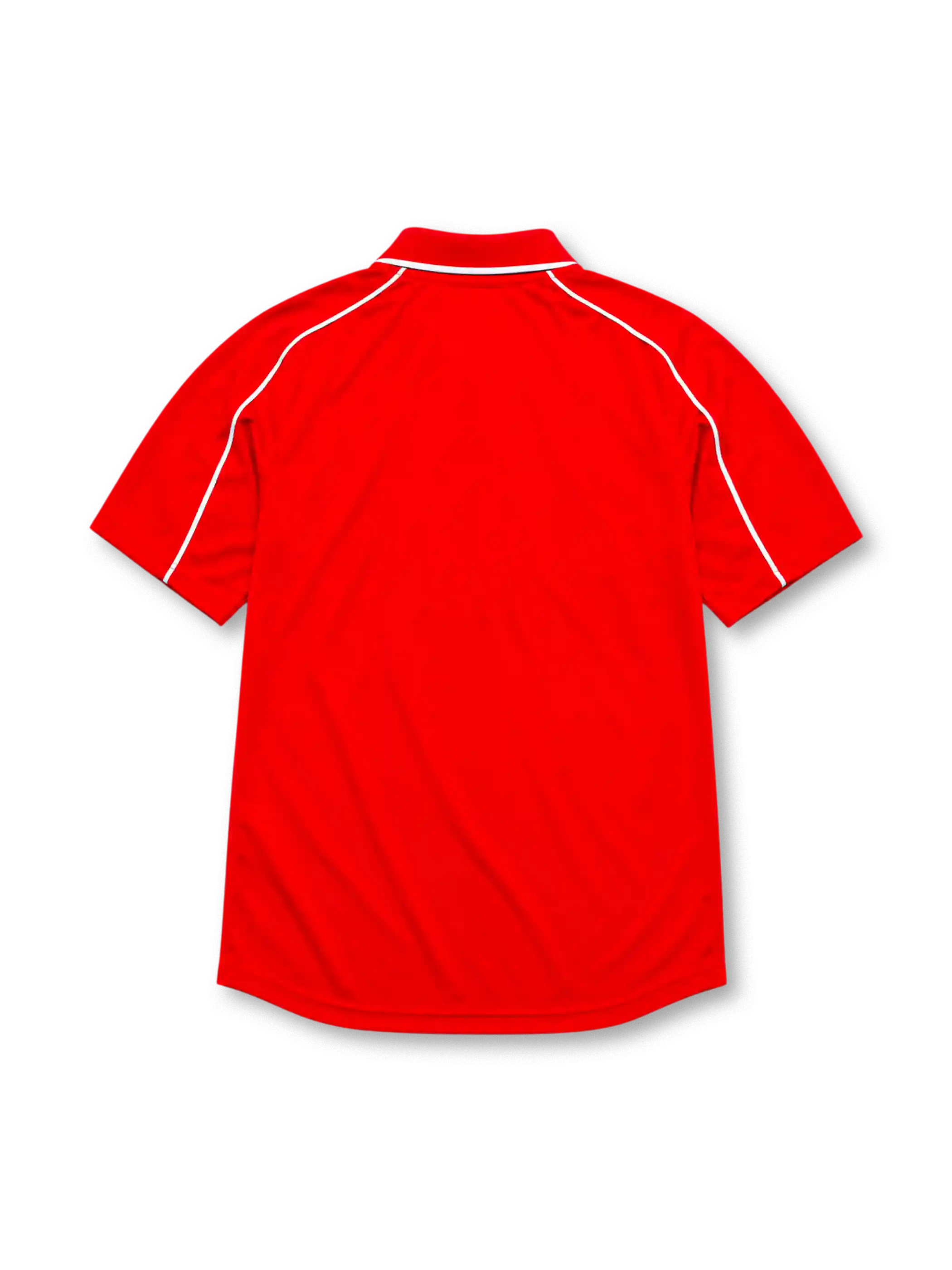 Liverpool 2000-01 home jersey, front view, red body with white piping on raglan sleeves, white polo-style collar, white Reebok logo, Liverpool club crest, circular UEFA Cup Final Dortmund 2001 patch, white Carlsberg sponsor logo