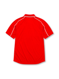 Liverpool 2000-01 home jersey, front view, red body with white piping on raglan sleeves, white polo-style collar, white Reebok logo, Liverpool club crest, circular UEFA Cup Final Dortmund 2001 patch, white Carlsberg sponsor logo