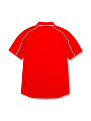 Liverpool 2000-01 home jersey, front view, red body with white piping on raglan sleeves, white polo-style collar, white Reebok logo, Liverpool club crest, circular UEFA Cup Final Dortmund 2001 patch, white Carlsberg sponsor logo