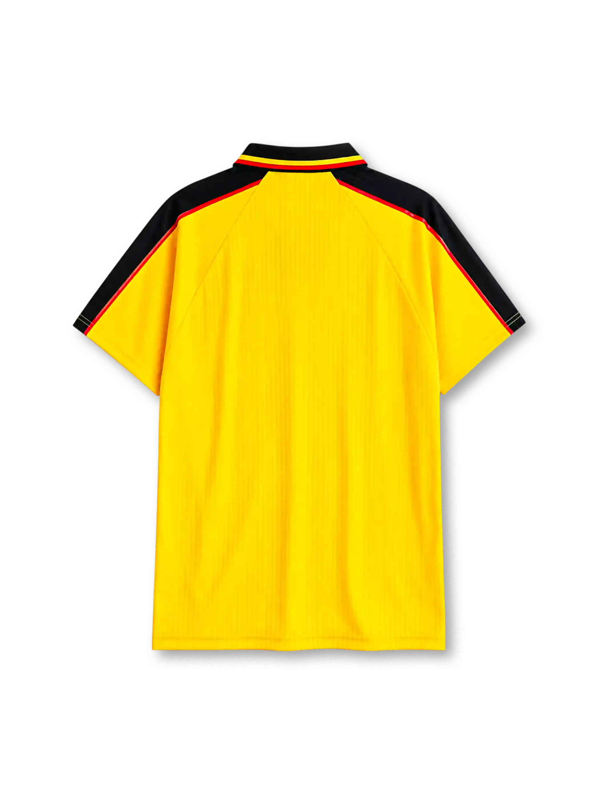 Scotland 1996-98 away jersey, front view, bright yellow body with black raglan sleeve panels, red and yellow piping trim, black polo-style collar, black Umbro logo, Scottish Football Association crest with red lion, tonal jacquard pattern, S.F.A. tab near hem