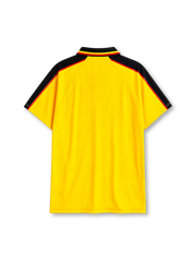 Scotland 1996-98 away jersey, front view, bright yellow body with black raglan sleeve panels, red and yellow piping trim, black polo-style collar, black Umbro logo, Scottish Football Association crest with red lion, tonal jacquard pattern, S.F.A. tab near hem