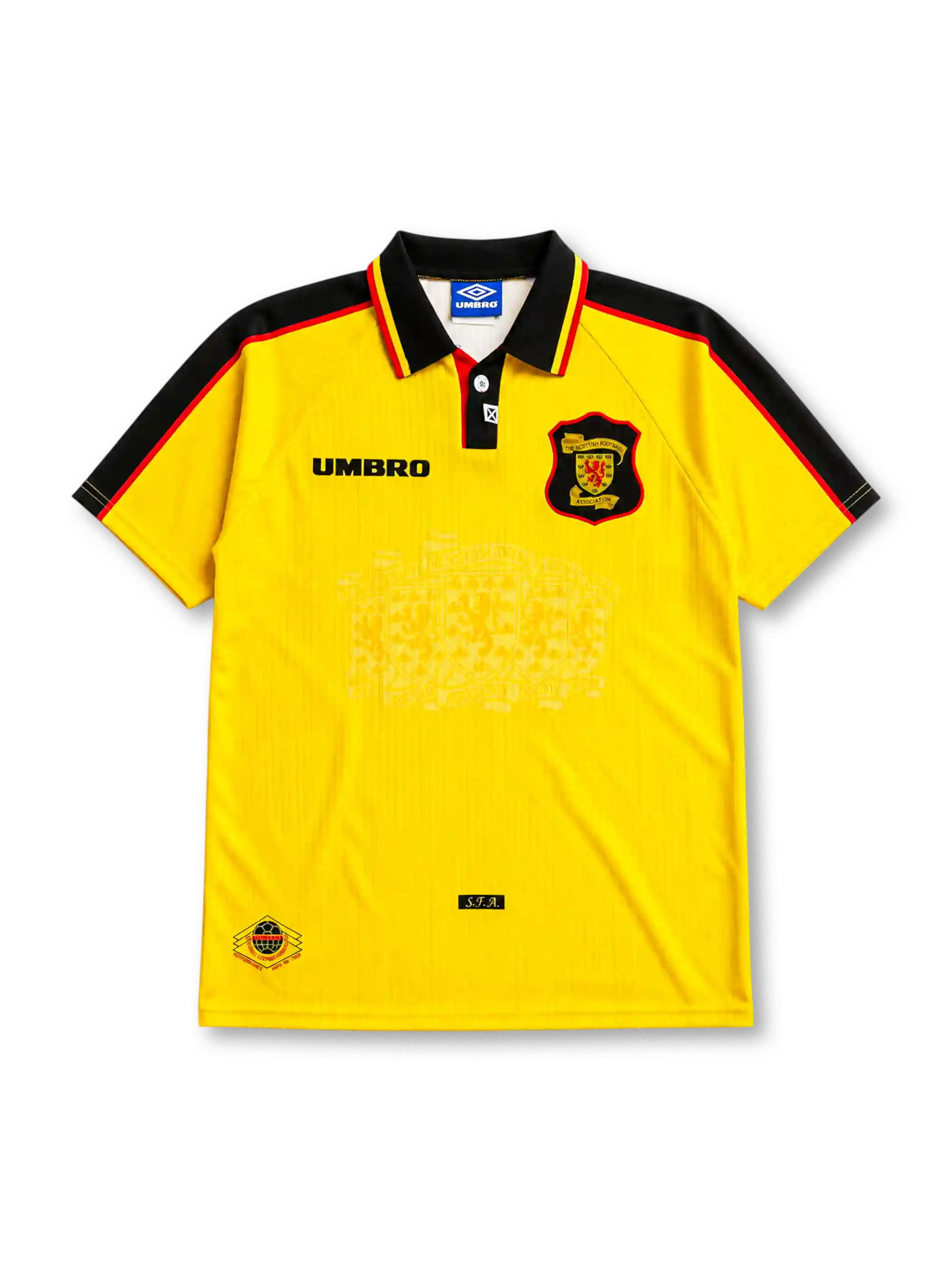 Scotland 1996-98 away jersey, front view, bright yellow body with black raglan sleeve panels, red and yellow piping trim, black polo-style collar, black Umbro logo, Scottish Football Association crest with red lion, tonal jacquard pattern, S.F.A. tab near hem