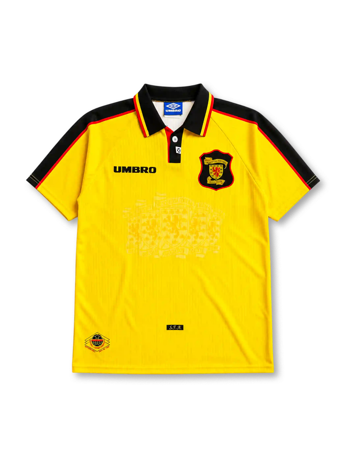 Scotland 1996-98 away jersey, front view, bright yellow body with black raglan sleeve panels, red and yellow piping trim, black polo-style collar, black Umbro logo, Scottish Football Association crest with red lion, tonal jacquard pattern, S.F.A. tab near hem