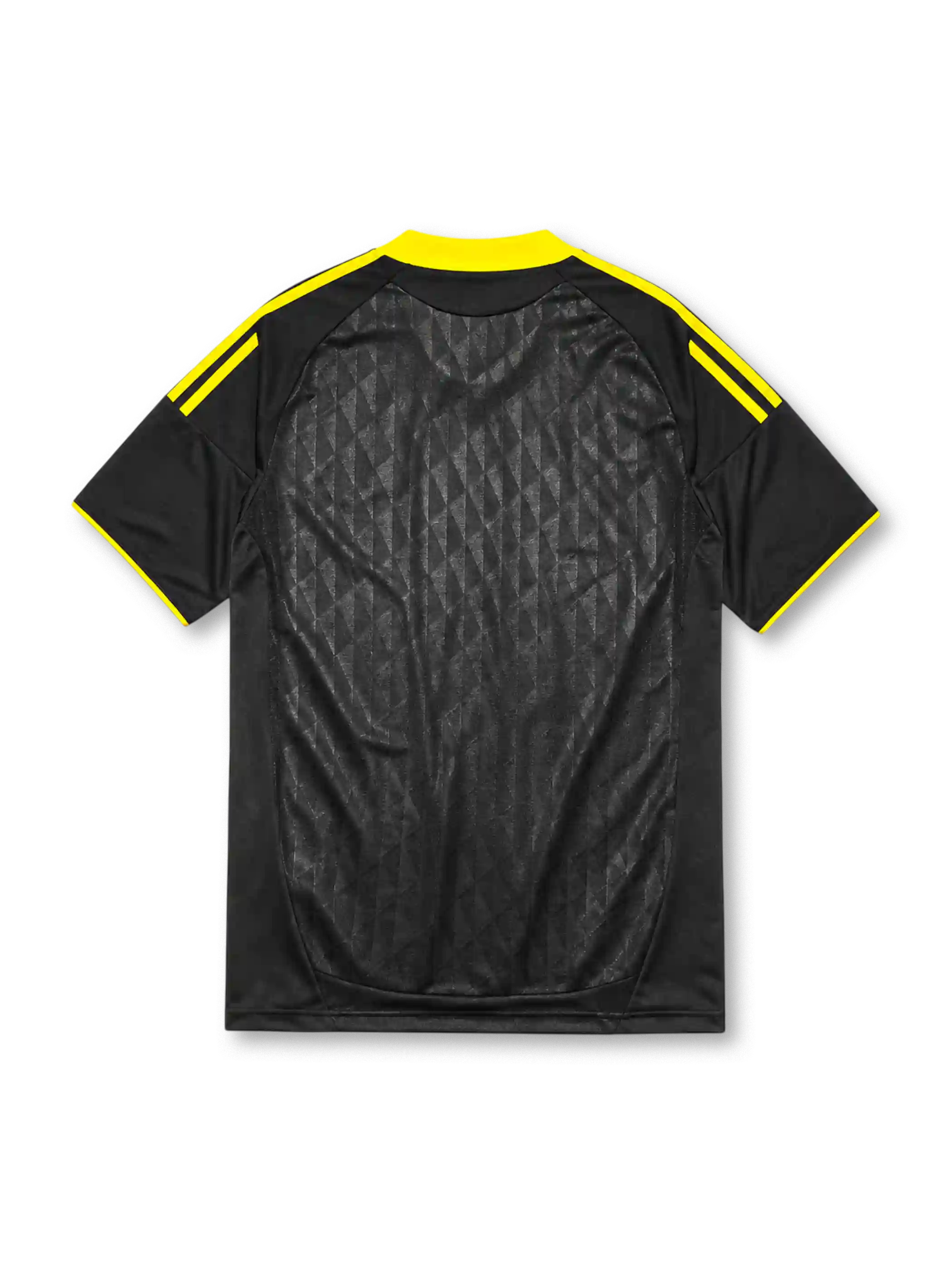 Liverpool 2010-11 away jersey, front view, black body with tonal diamond pattern, yellow adidas three-stripe shoulder detailing, yellow crew neck collar, adidas logo, club crest, Standard Chartered sponsor logo, TechFit label
