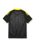 Liverpool 2010-11 away jersey, front view, black body with tonal diamond pattern, yellow adidas three-stripe shoulder detailing, yellow crew neck collar, adidas logo, club crest, Standard Chartered sponsor logo, TechFit label