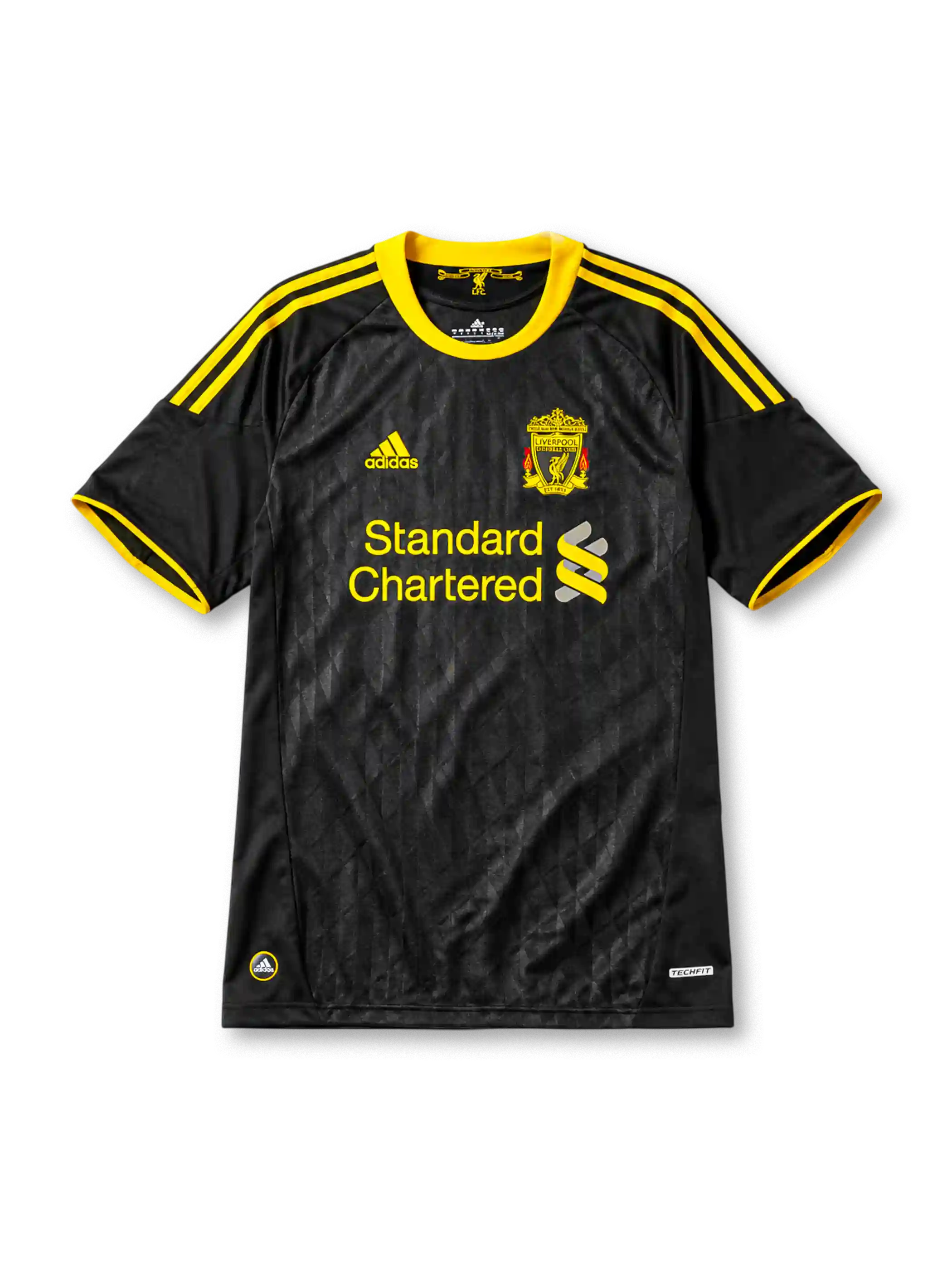 Liverpool 2010-11 away jersey, front view, black body with tonal diamond pattern, yellow adidas three-stripe shoulder detailing, yellow crew neck collar, adidas logo, club crest, Standard Chartered sponsor logo, TechFit label