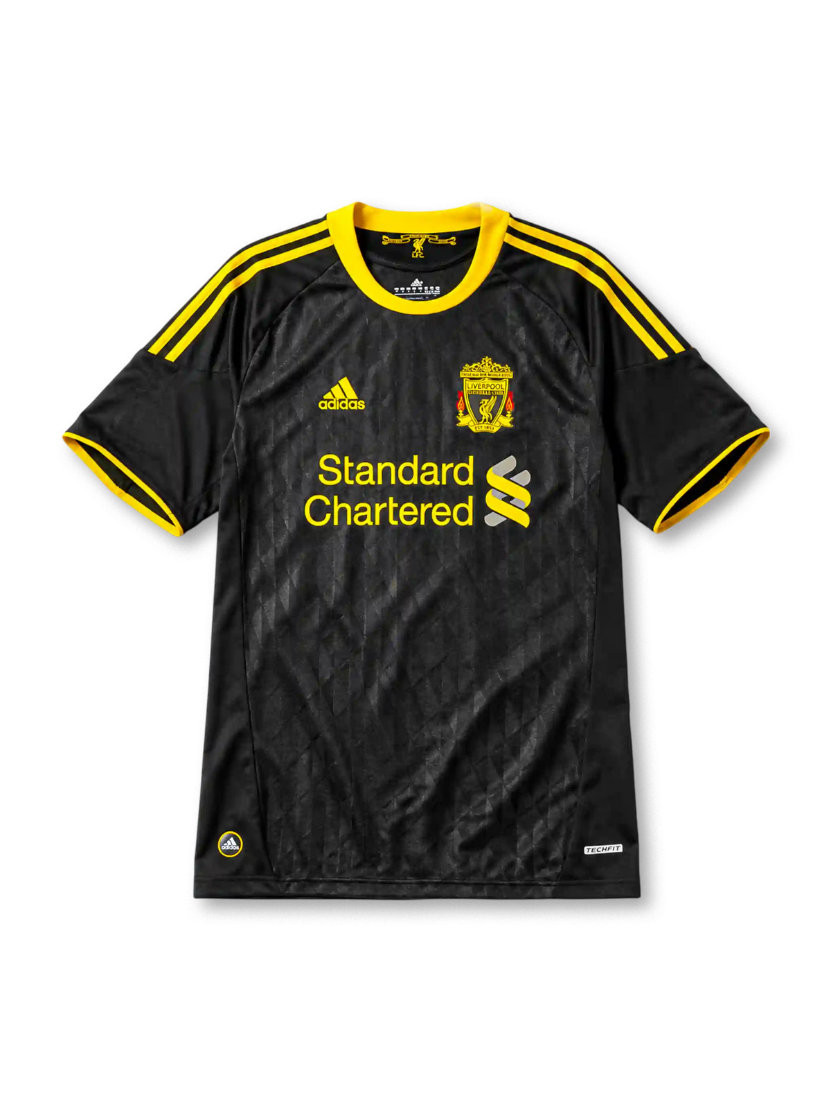 Liverpool 2010-11 away jersey, front view, black body with tonal diamond pattern, yellow adidas three-stripe shoulder detailing, yellow crew neck collar, adidas logo, club crest, Standard Chartered sponsor logo, TechFit label